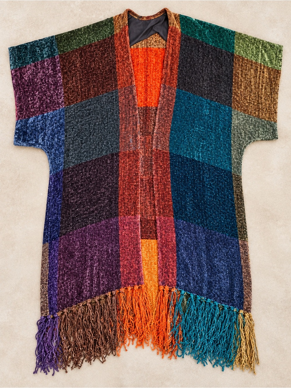Multicolored Chenille Patchwork Open Front Long Cardigan • Fringe • Boho•Large